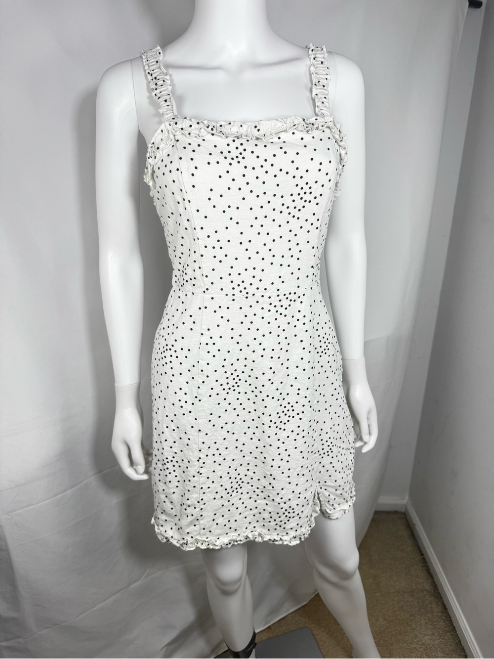 Urban Outfitters UO Wren Polka Dot Linen Ruffle Mini Dress White Black Size M